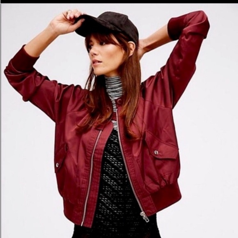 Free People Deep Red Bomber Jacket